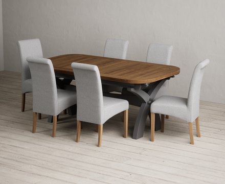 Extending olympia 180cm oak and charcoal grey dining table with 6 grey scroll back chairs