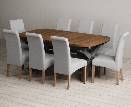 Extending olympia 180cm oak and charcoal grey dining table with 8 grey scroll back chairs