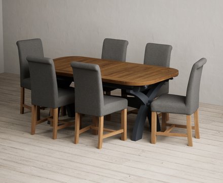 Extending olympia 180cm oak and dark blue dining table with 6 charcoal grey braced chairs