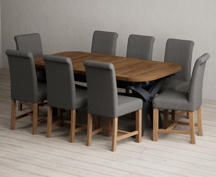 Extending olympia 180cm oak and dark blue dining table with 8 charcoal grey braced chairs