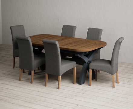 Extending olympia 180cm oak and dark blue dining table with 6 charcoal grey scroll back chairs