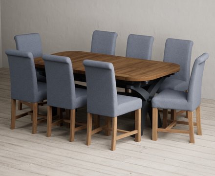 Extending olympia 180cm oak and dark blue dining table with 8 blue braced chairs