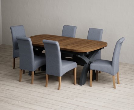 Extending olympia 180cm oak and dark blue dining table with 6 blue scroll back chairs