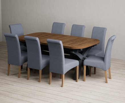 Extending olympia 180cm oak and dark blue dining table with 8 blue scroll back chairs