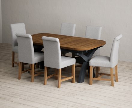 Extending olympia 180cm oak and dark blue dining table with 6 grey braced chairs