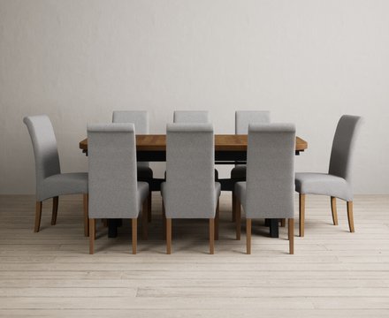 Extending olympia 180cm oak and dark blue dining table with 8 grey scroll back chairs