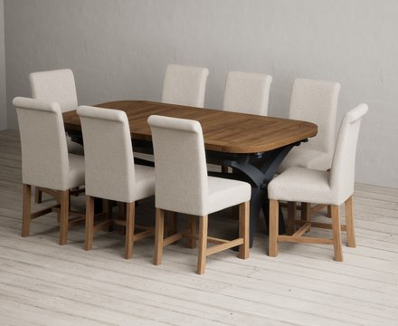 Extending olympia 180cm oak and dark blue dining table with 8 natural braced chairs