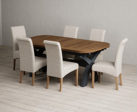 Extending olympia 180cm oak and dark blue dining table with 6 natural scroll back chairs
