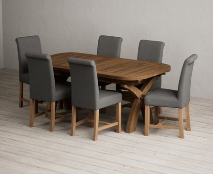 Extending olympia 180cm rustic solid oak dining table with 6 charcoal grey braced chairs