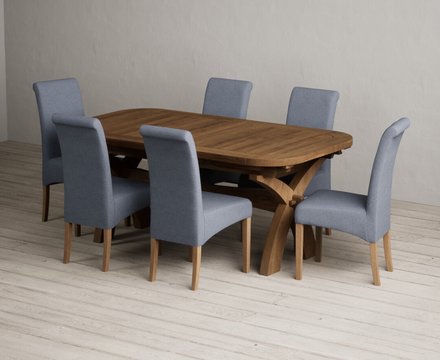 Extending olympia 180cm rustic solid oak dining table with 6 blue scroll back chairs