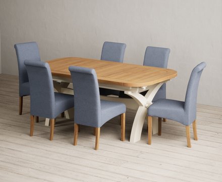 Extending olympia 180cm oak and cream painted dining table with 6 blue scroll back chairs