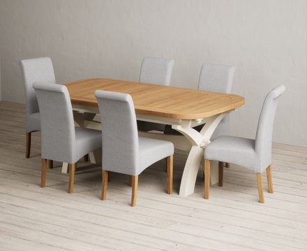 Extending olympia 180cm oak and cream painted dining table with 6 grey scroll back chairs