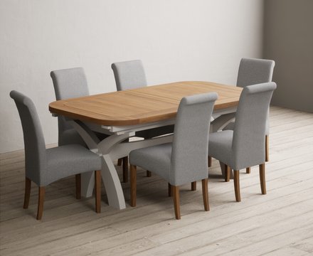 Extending olympia 180cm oak and soft white painted dining table with 6 grey scroll back chairs