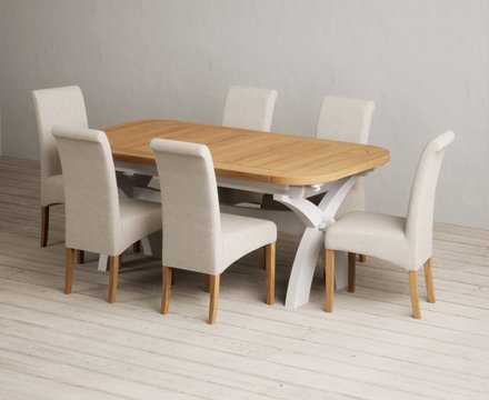 Extending olympia 180cm oak and soft white painted dining table with 6 natural scroll back chairs