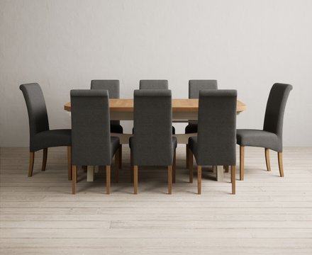 Extending olympia 180cm oak and cream painted dining table with 8 charcoal grey scroll back chairs