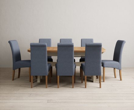 Extending olympia 180cm oak and cream painted dining table with 8 blue scroll back chairs