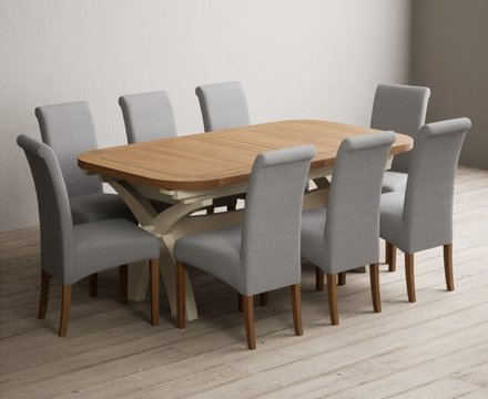 Extending olympia 180cm oak and cream painted dining table with 8 grey scroll back chairs