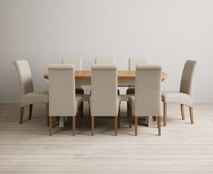 Extending olympia 180cm oak and cream painted dining table with 8 natural scroll back chairs