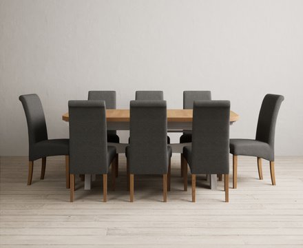 Extending olympia 180cm oak and soft white painted dining table with 8 charcoal grey scroll back chairs