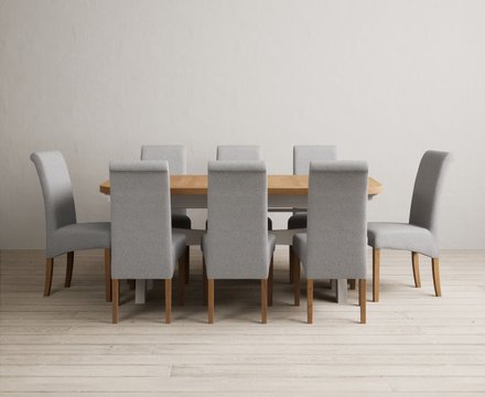 Extending olympia 180cm oak and soft white painted dining table with 8 grey scroll back chairs