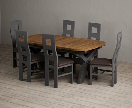 Extending olympia 180cm oak and charcoal grey dining table with 6 brown painted chairs