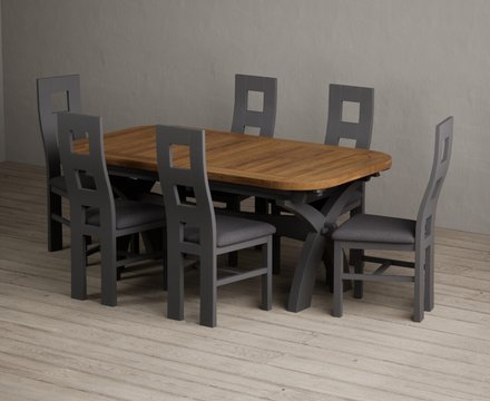 Extending olympia 180cm oak and charcoal grey dining table with 6 charcoal grey painted chairs