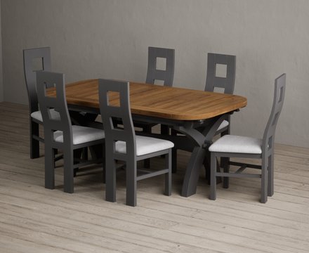 Extending olympia 180cm oak and charcoal grey dining table with 6 light grey painted chairs