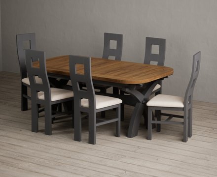 Extending olympia 180cm oak and charcoal grey dining table with 6 linen painted chairs