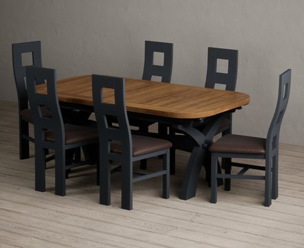 Extending olympia 180cm oak and dark blue dining table with 6 brown painted chairs
