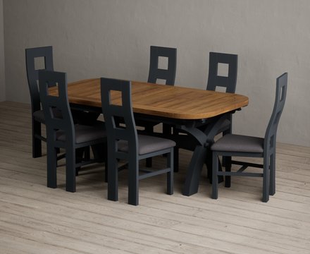 Extending olympia 180cm oak and dark blue dining table with 6 charcoal grey painted chairs