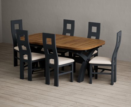 Extending olympia 180cm oak and dark blue dining table with 6 linen painted chairs