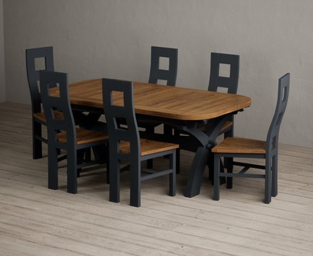 Extending olympia 180cm oak and dark blue dining table with 6 rustic oak painted chairs