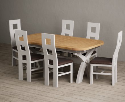 Extending olympia 180cm oak and soft white painted dining table with 6 brown painted chairs