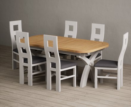 Extending olympia 180cm oak and soft white painted dining table with 6 charcoal grey painted chairs