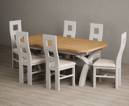 Extending olympia 180cm oak and soft white painted dining table with 6 linen painted chairs