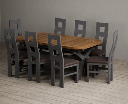 Extending olympia 180cm oak and charcoal grey dining table with 8 brown painted chairs