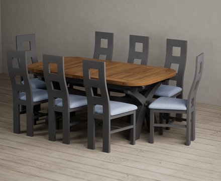 Extending olympia 180cm oak and charcoal grey dining table with 8 blue painted chairs