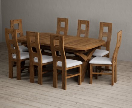 Extending olympia 180cm rustic solid oak dining table with 8 light grey rustic solid oak chairs