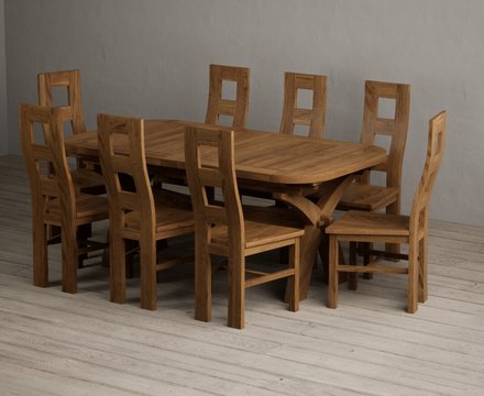 Extending olympia 180cm rustic solid oak dining table with 8 rustic oak rustic solid oak chairs