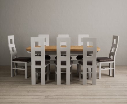 Extending olympia 180cm oak and soft white painted dining table with 8 brown painted chairs