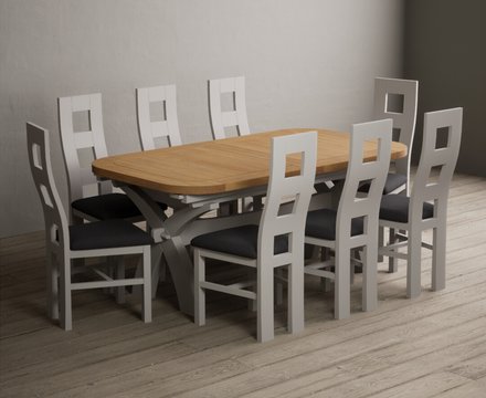 Extending olympia 180cm oak and soft white painted dining table with 8 charcoal grey painted chairs