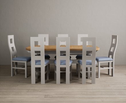 Extending olympia 180cm oak and soft white painted dining table with 8 blue painted chairs