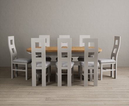 Extending olympia 180cm oak and soft white painted dining table with 8 light grey painted chairs