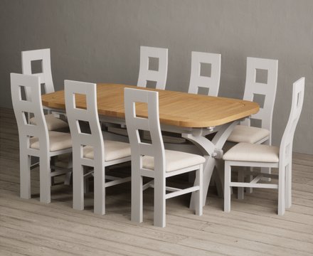 Extending olympia 180cm oak and soft white painted dining table with 8 linen painted chairs