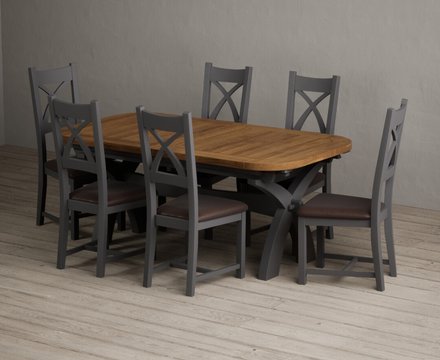 Extending olympia 180cm oak and charcoal grey dining table with 6 brown painted chairs