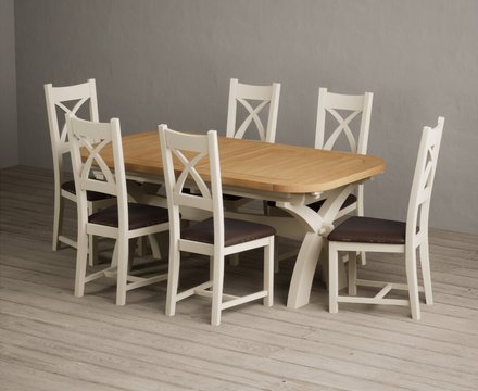 Extending olympia 180cm oak and cream painted dining table with 6 brown painted chairs