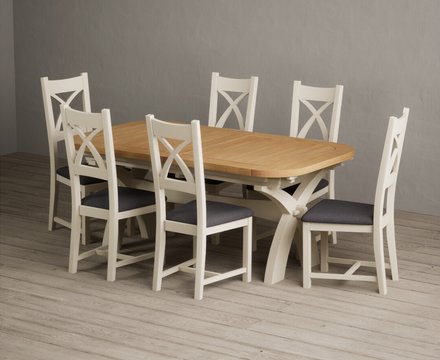 Extending olympia 180cm oak and cream painted dining table with 6 charcoal grey painted chairs