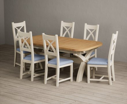 Extending olympia 180cm oak and cream painted dining table with 6 blue painted chairs