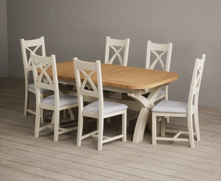 Extending olympia 180cm oak and cream painted dining table with 6 light grey painted chairs