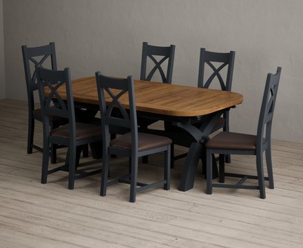 Extending olympia 180cm oak and dark blue dining table with 6 brown painted chairs